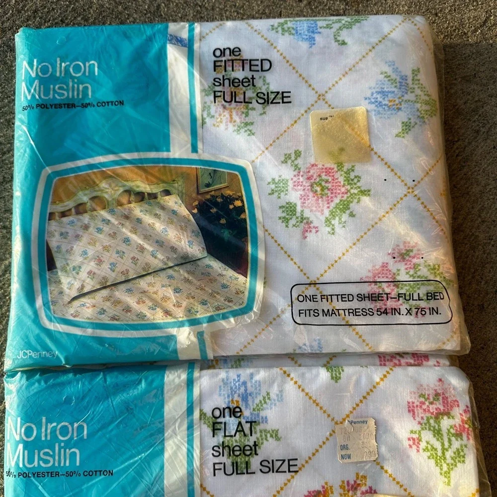 Vtg 70s JC Penney Full Size Bed Sheet Set Floral Cross Stitch No Iron Muslin NOS